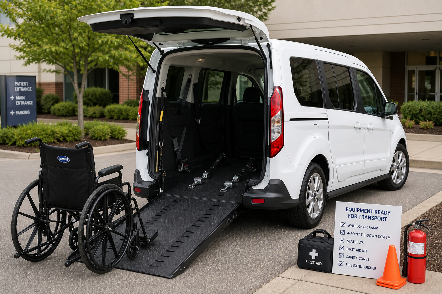 Wheelchair-accessible vehicle with ramp and safety equipment ready for transport